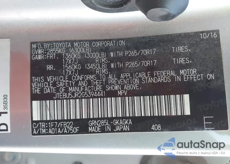 2016 Toyota 4Runner Sr5 z USA, uszkodzony, nr VIN JTEBU5JR2G5394441